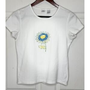Vtg Real Clothes Saks White Cotton Top Tee Blue Beaded Flower Size Medium